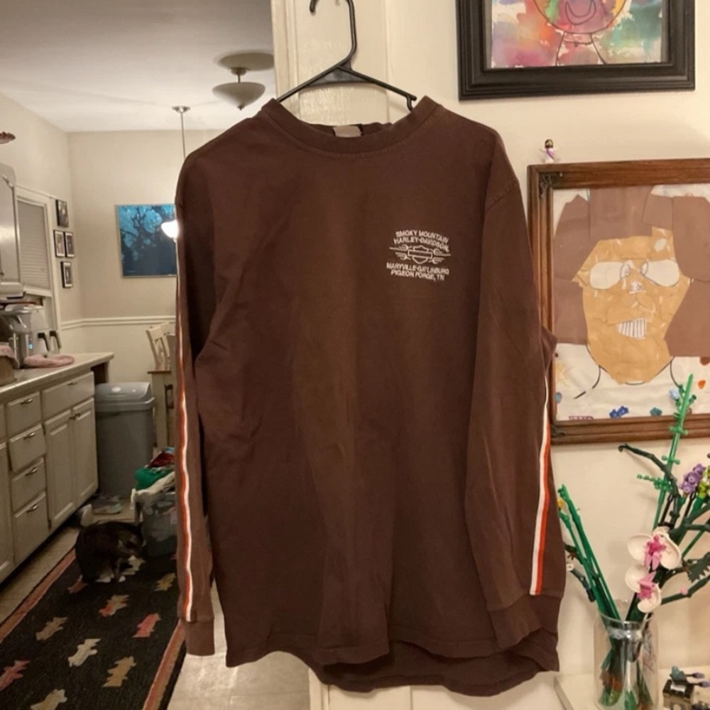 Harley-Davidson Brown Long Sleeve Tee with White and Orange Sleeve Stripes